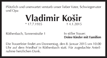 Traueranzeige von Vladimir Kosir von Pegnitz-Zeitung